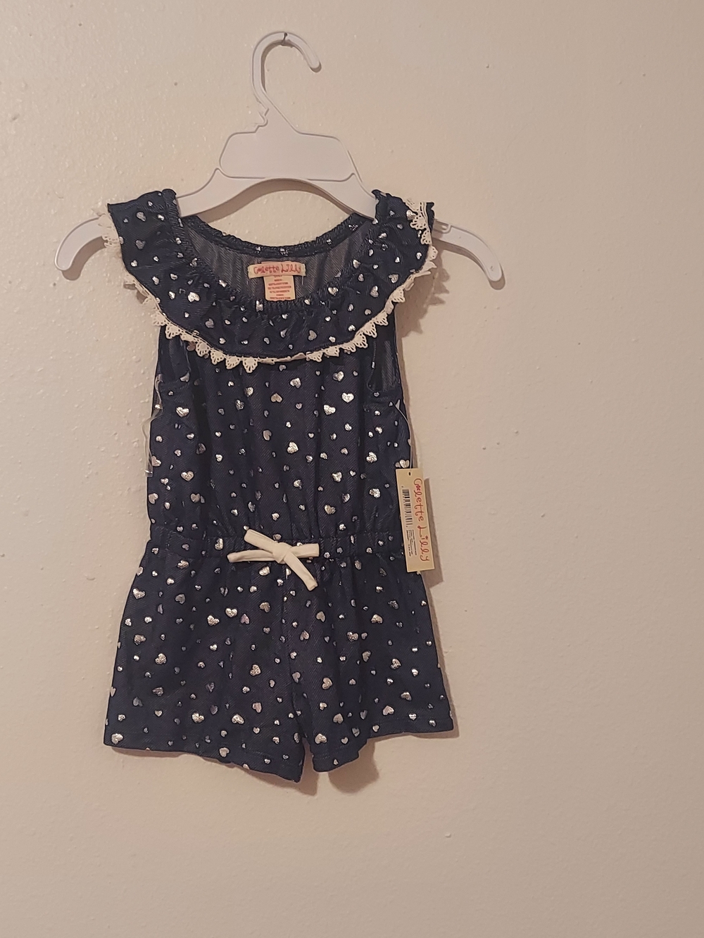 Navy Heart Print Ruffled Romper - Picture 2 of 5